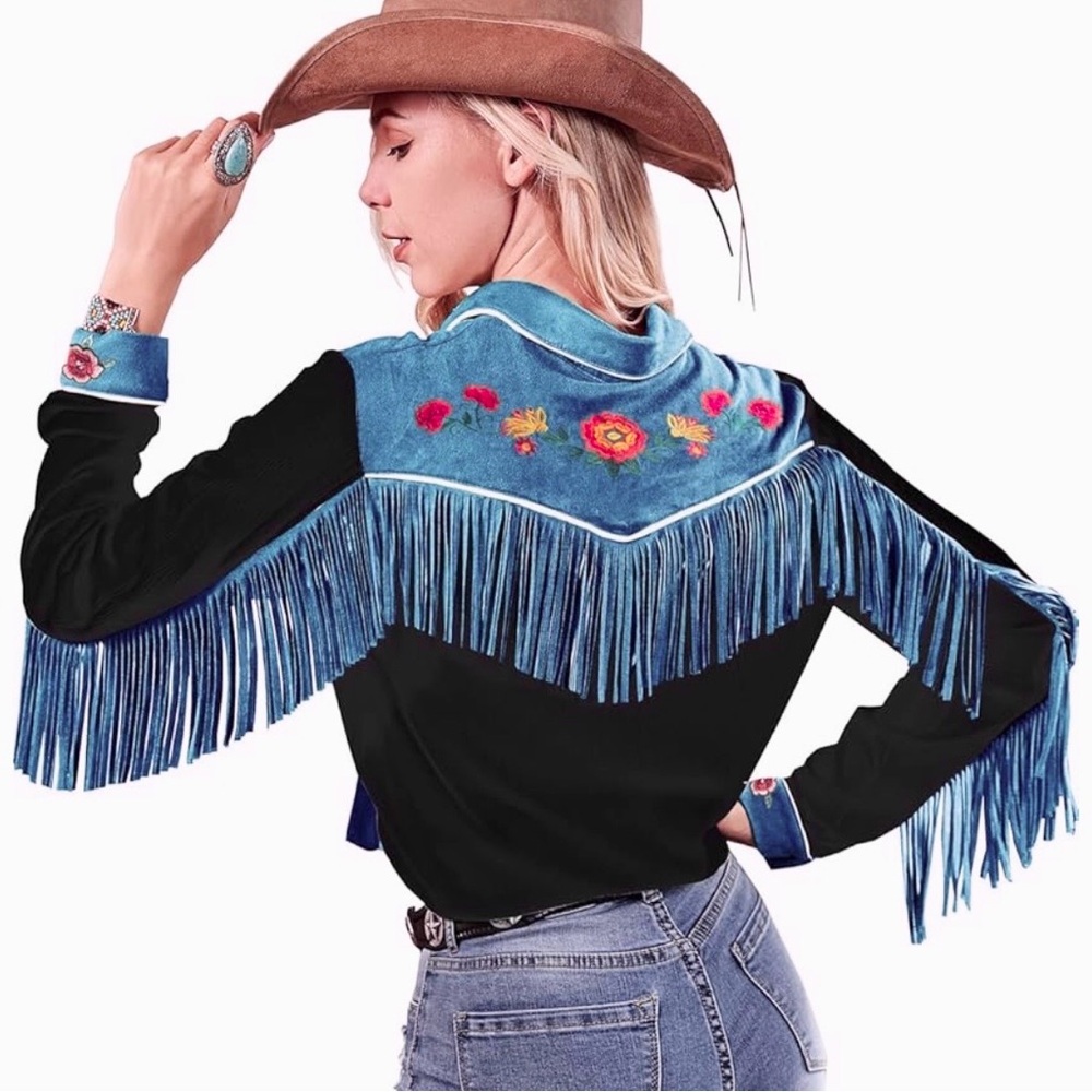 JOHN MOON Texas Womens Fringe Western Long Slv Shirt Floral Embroidered XL black